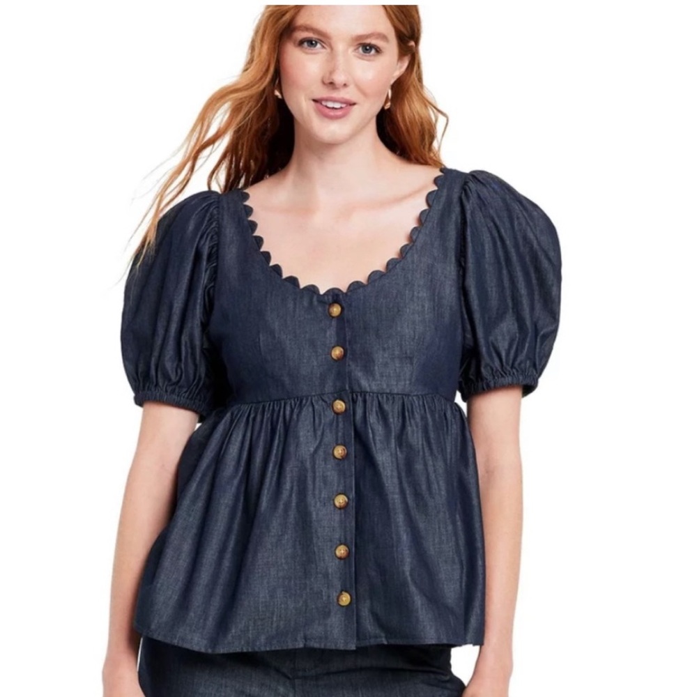 Kika Vargas x Target Indigo Chambray Scallop Edge Puff Sleeve Peplum 1X